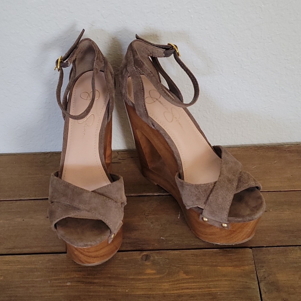 Jessica Simpson suede wooden cut out wedges